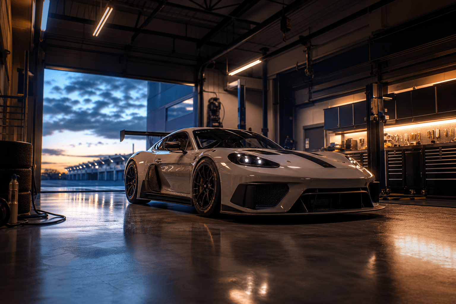 Performance car in a professional shop bay
